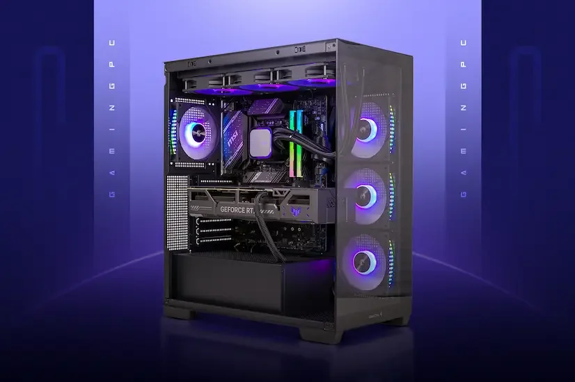 Vue d'un PC gaming ouvert devant un arrière-plan graphique