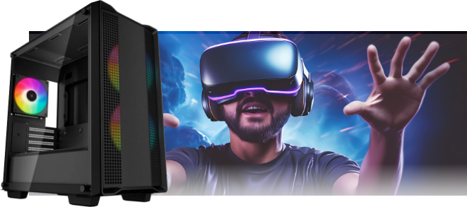 Un PC gaming et un homme portant des lunettes VR
